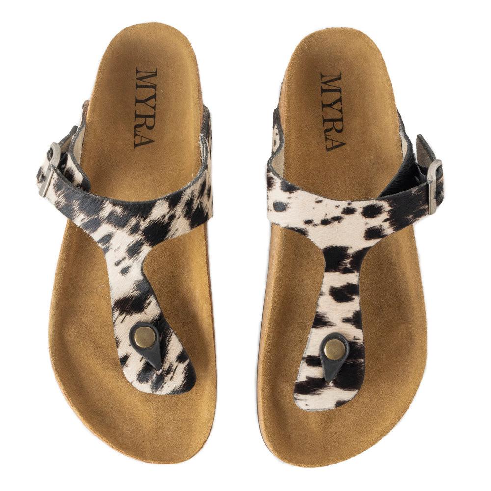 Myra Chino Hairon Leather Sandals for Women â€“ Western Toe Loop Flats with Cork Sole for Comfortable Wear