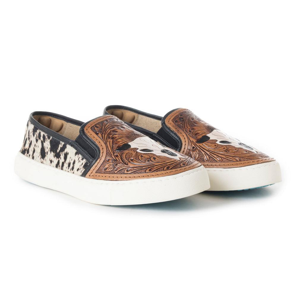 Myra Reflexo Textured Leather Slip-Ons -  Hairon Cowhide & Floral Tooling Comfort Sneakers for Women