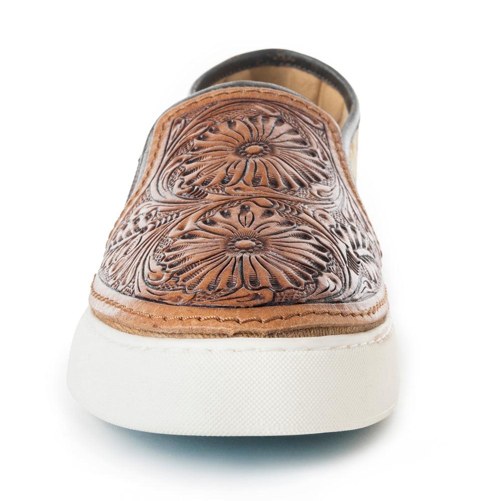 Myra Rodon Western Handtooled Leather Slip-On Sneakers – Cowgirl Casual Shoes with Floral Engraving and Hairon Accents