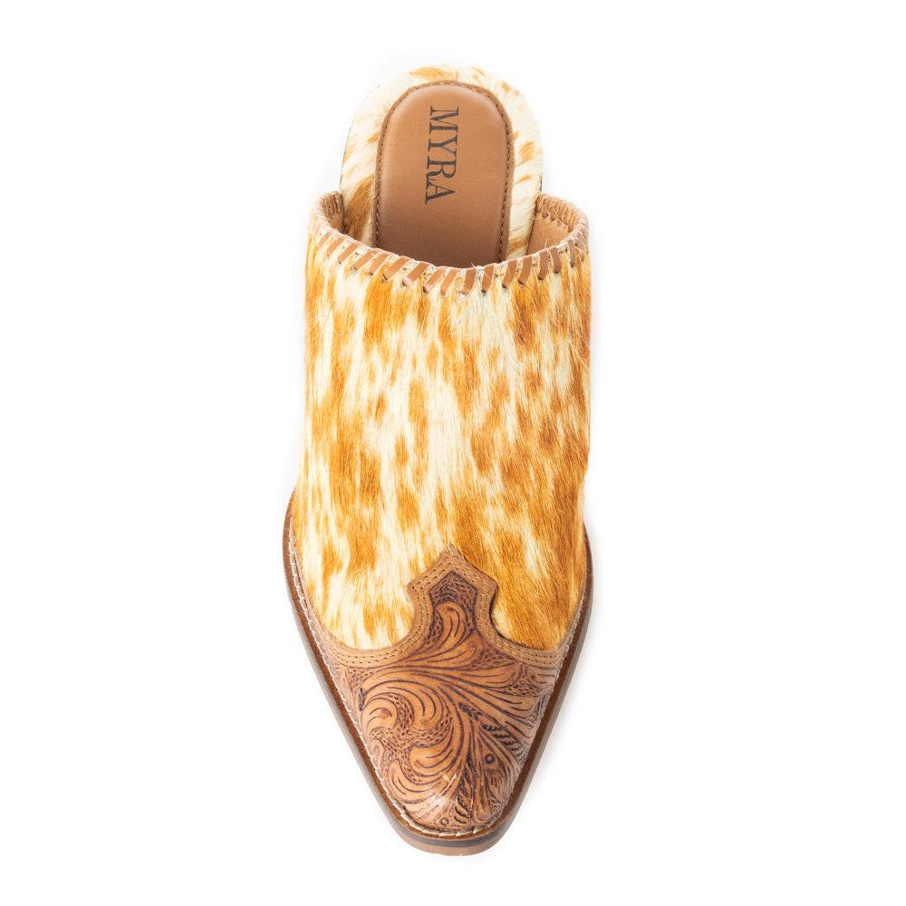 Myra Orange Western Hairon Leather Mules for Women â€“ Pointed Toe, Low Heels, Handtooled Western Slip-Ons