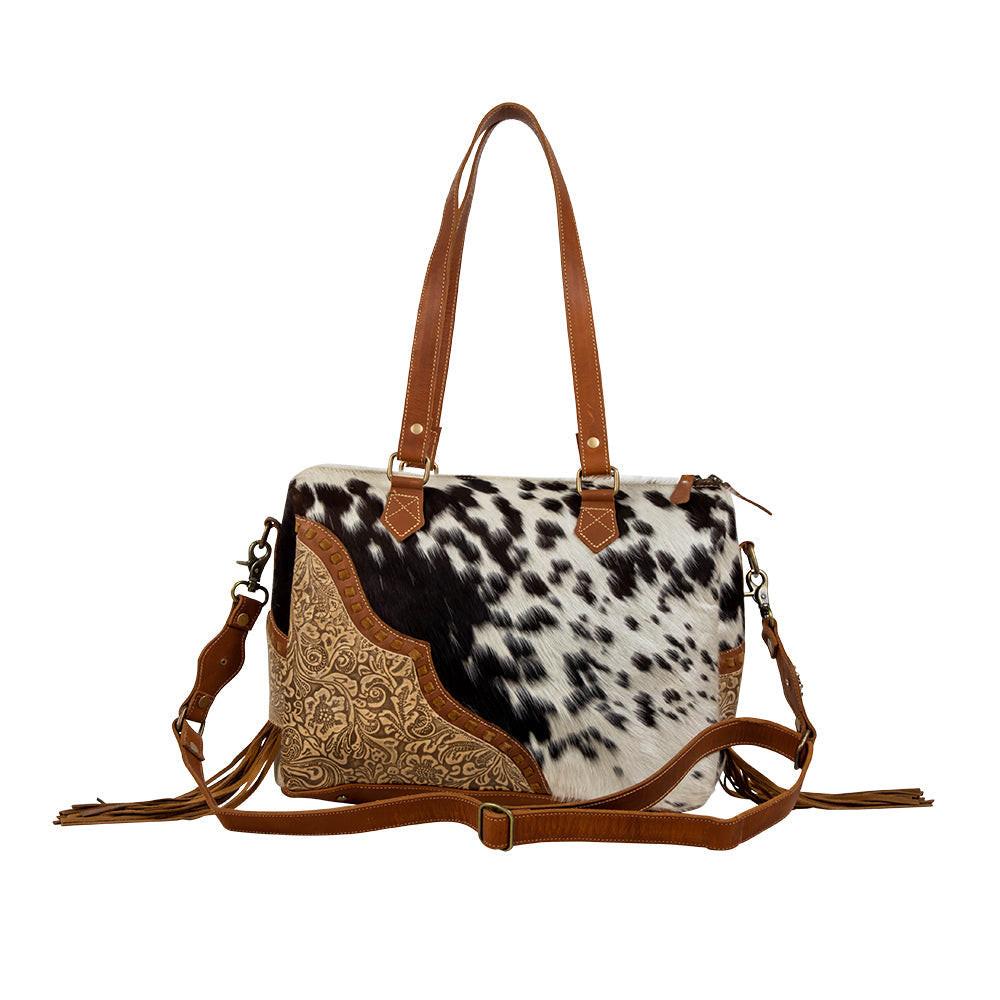 Myra Laredo Concealed Carry Bag - Hand-Stitched Hair-On Leather Satchel with Embossed Detailing and Western Fringe Design