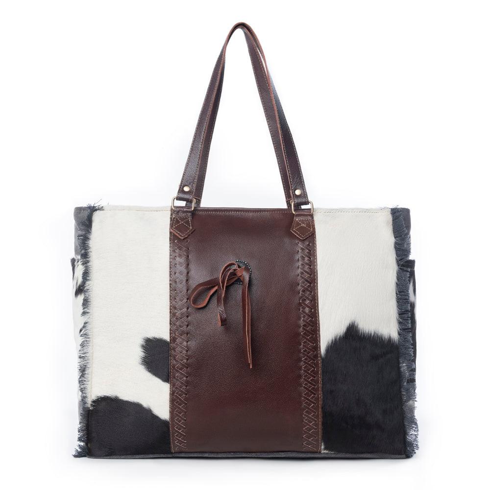 Myra Rosalinda Cross Stitched Hairon Leather Weekender Bag - Spacious Travel Tote with Stitch Trim and Durable Shoulder Straps