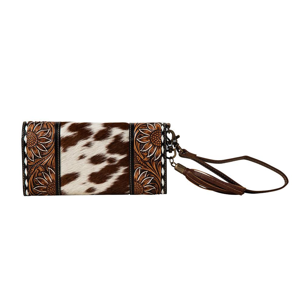 Myra Sandstone Trail Hairon Wristlet Wallet - Handtooled Leather with Western Floral Pattern and Tassel Strap for Easy Use