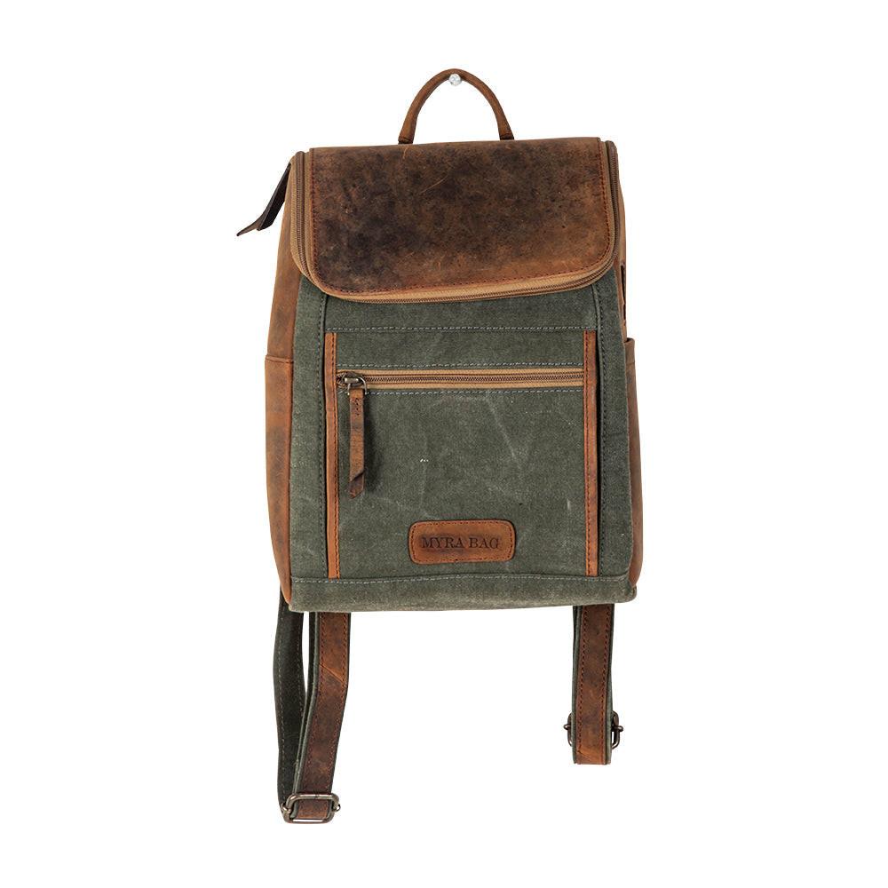 Myra Carriage Port Slimline Backpack - Aged Leather Flap, Rustic Daypack for Daily Commute & Outdoor Travel