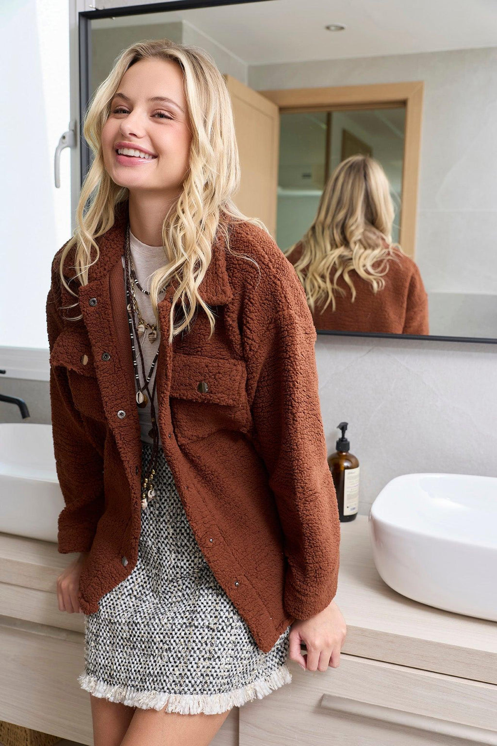 Amina Fleece Button Front Shacket Sweater