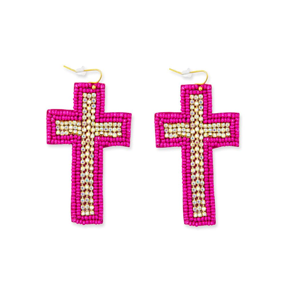 Beaded Cross Dangle Earrings in Magenta