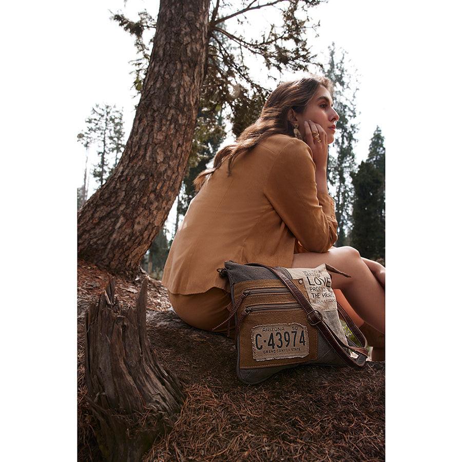 Myra Seeds of Love Crossbody Bag - Vintage Patch Leather Shoulder Bag with Zippered Pockets for Western Style