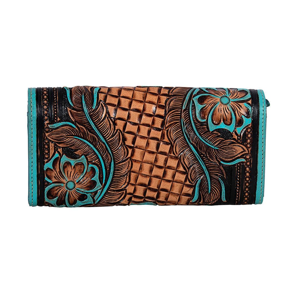 Myra Flower Crest Tooled Leather Wallet Floral Embossed with Turquoise Accents