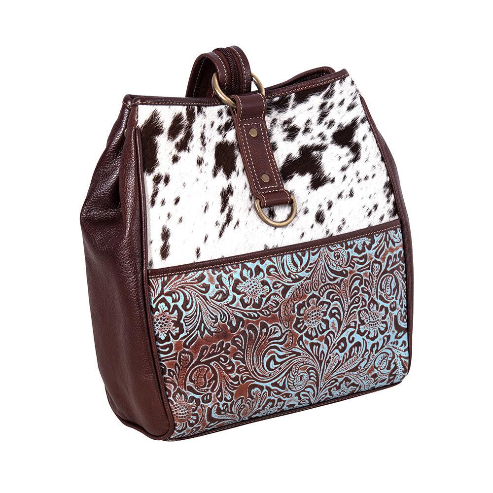 Myra Mountain Trail Convertible Crossbody Bag – Turquoise Embossed Leather & Hairon Panel with Ring Accent