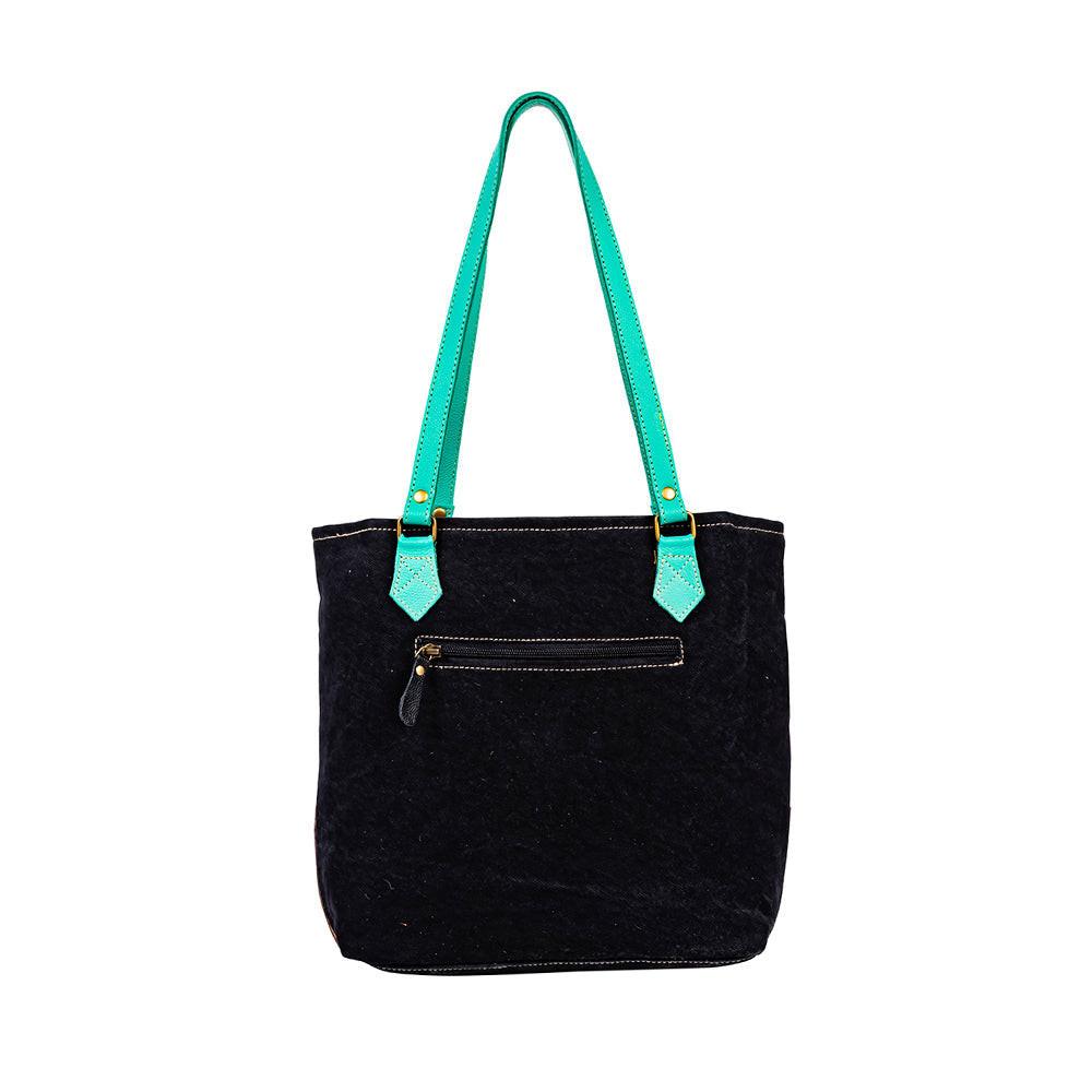 Myra Galaxy Fire Handtooled Shoulder Bag Black Sparkle Body with Aqua Leather Straps