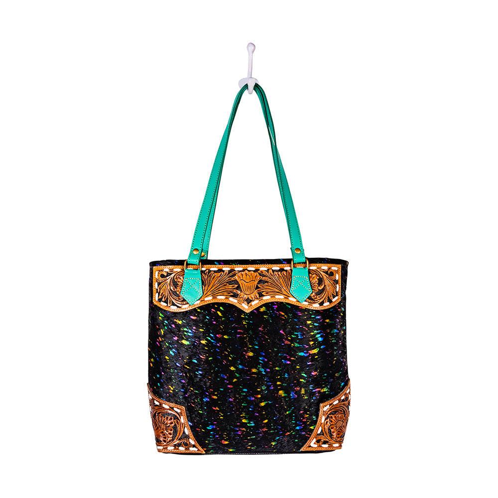 Myra Galaxy Fire Handtooled Shoulder Bag Black Sparkle Body with Aqua Leather Straps