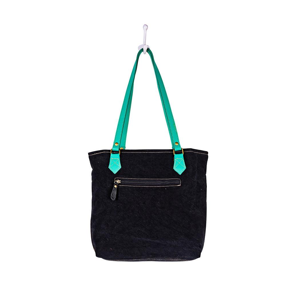 Myra Galaxy Fire Handtooled Shoulder Bag Black Sparkle Body with Aqua Leather Straps