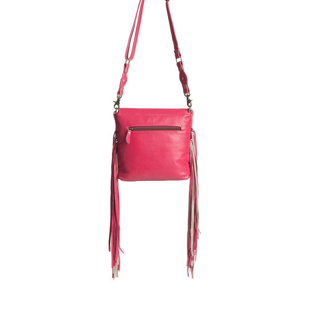 Myra Rosa Verde Hand Tooled Leather Sling Bag for Women â€“ Pink Floral Western Flap, Fringe Sides, Speckled Print Body