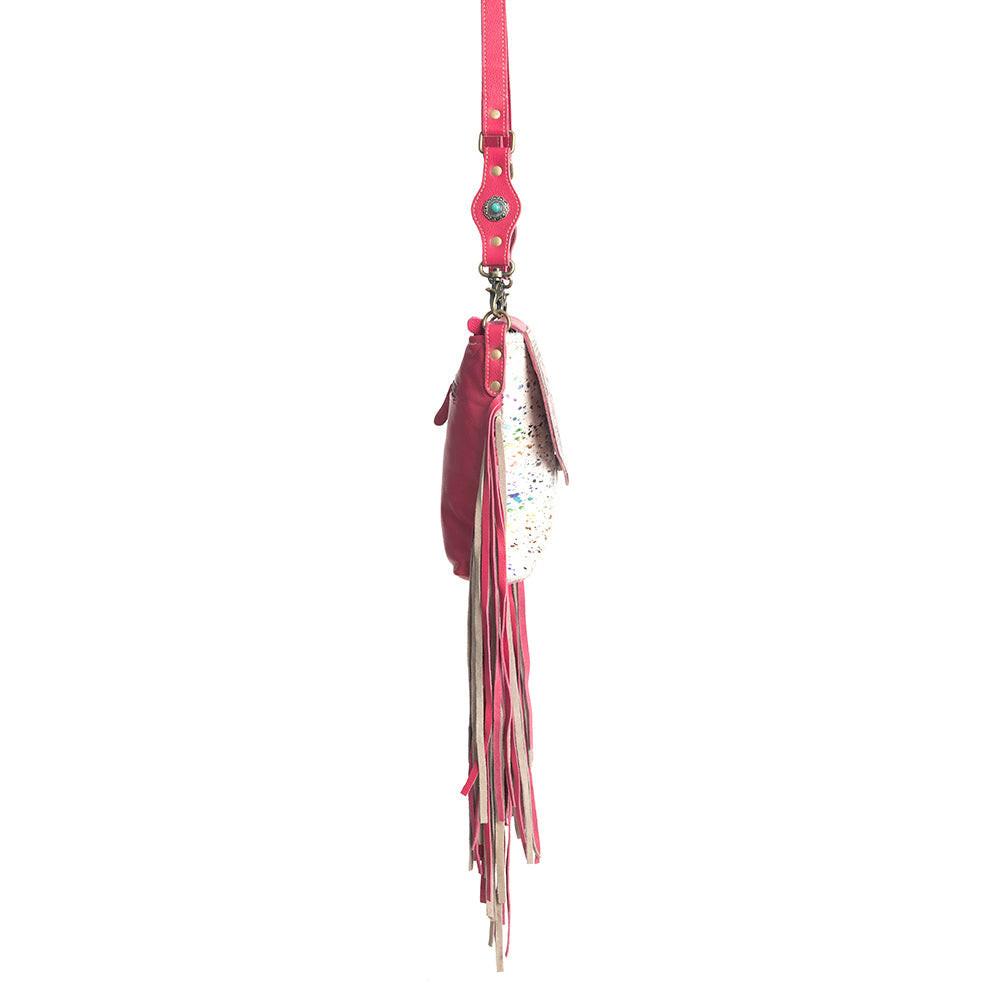 Myra Rosa Verde Hand Tooled Leather Sling Bag for Women â€“ Pink Floral Western Flap, Fringe Sides, Speckled Print Body