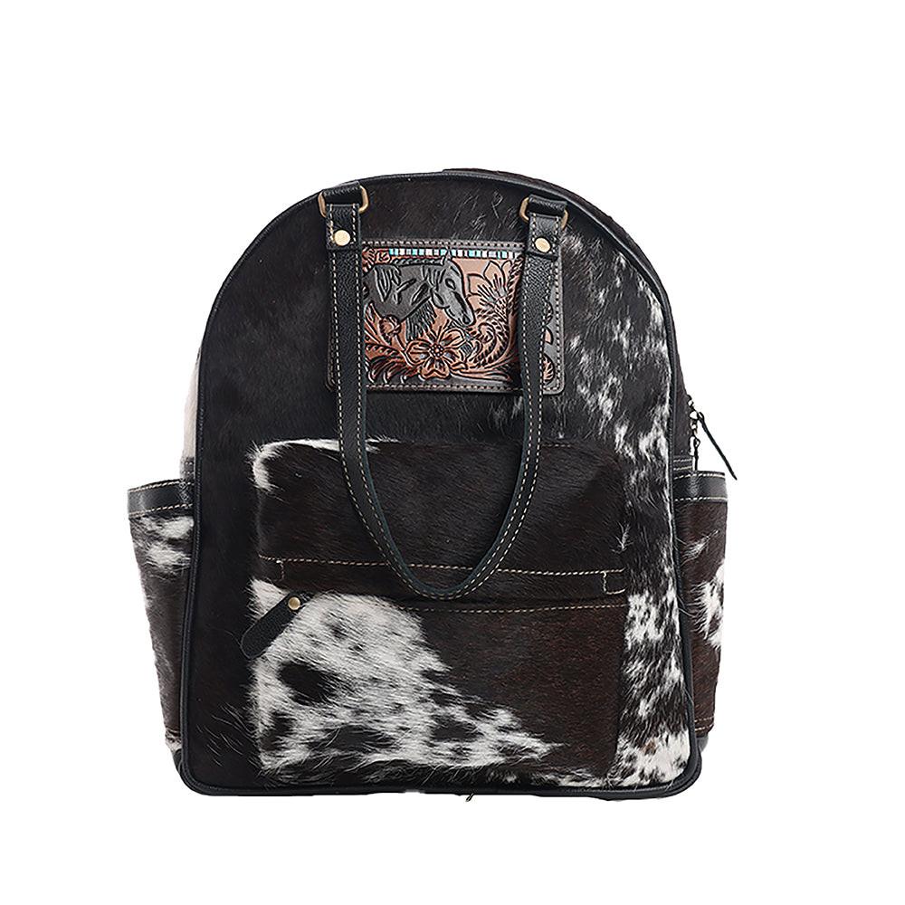 Myra My Vista Hairon Leather Backpack – Dual Handles, Floral Tooled Patch, Spacious Compartments