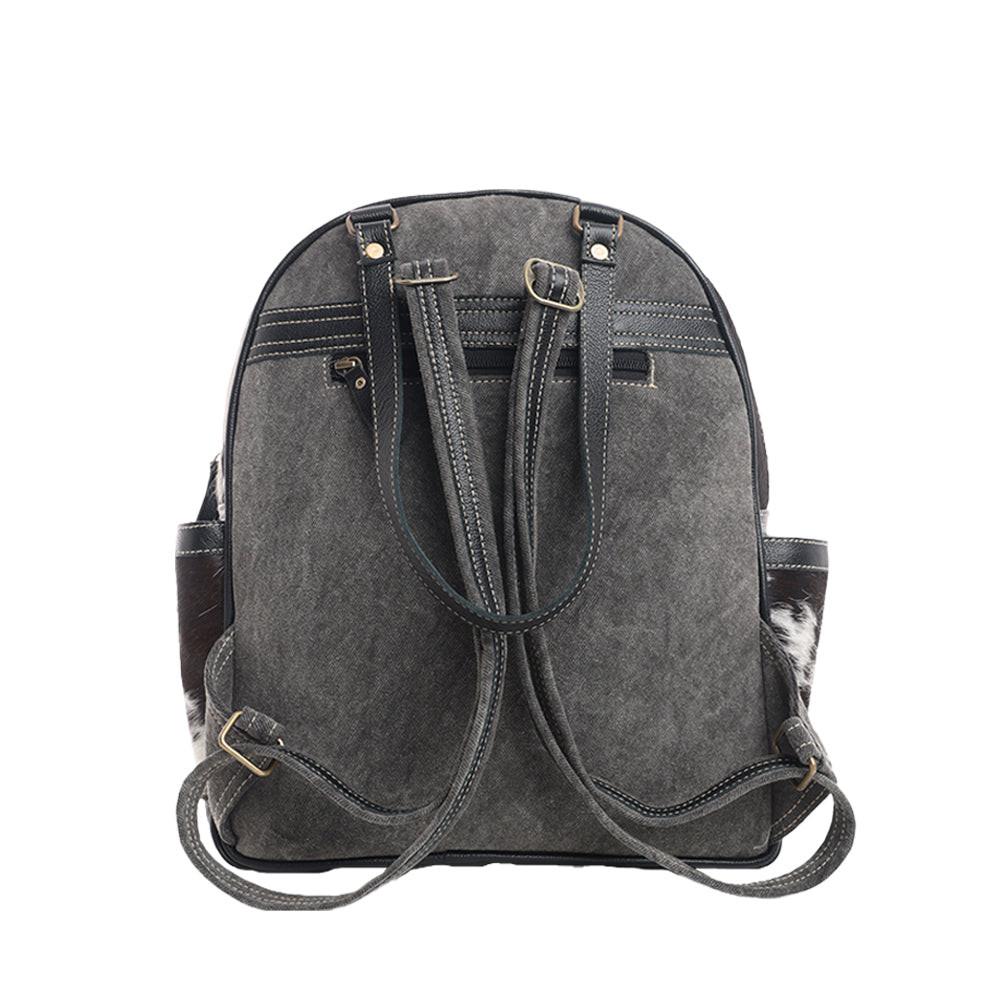 Myra My Vista Hairon Leather Backpack – Dual Handles, Floral Tooled Patch, Spacious Compartments