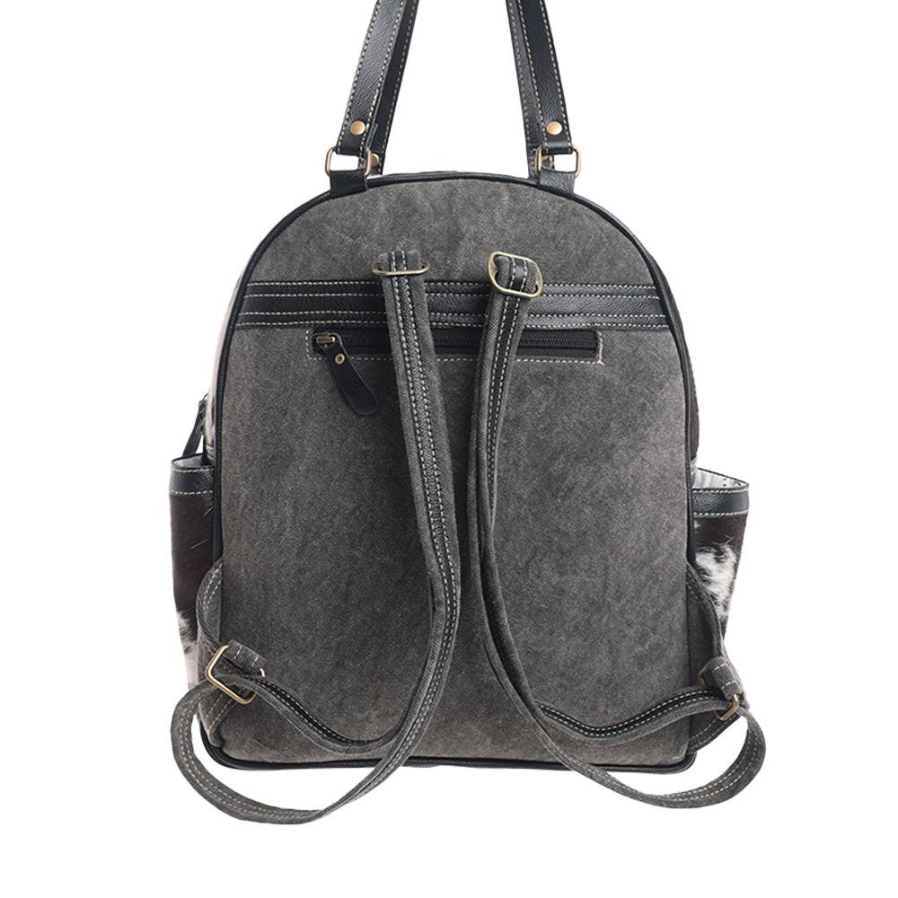 Myra My Vista Hairon Leather Backpack – Dual Handles, Floral Tooled Patch, Spacious Compartments