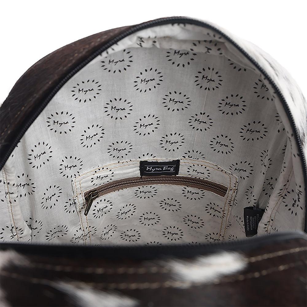 Myra My Vista Hairon Leather Backpack – Dual Handles, Floral Tooled Patch, Spacious Compartments
