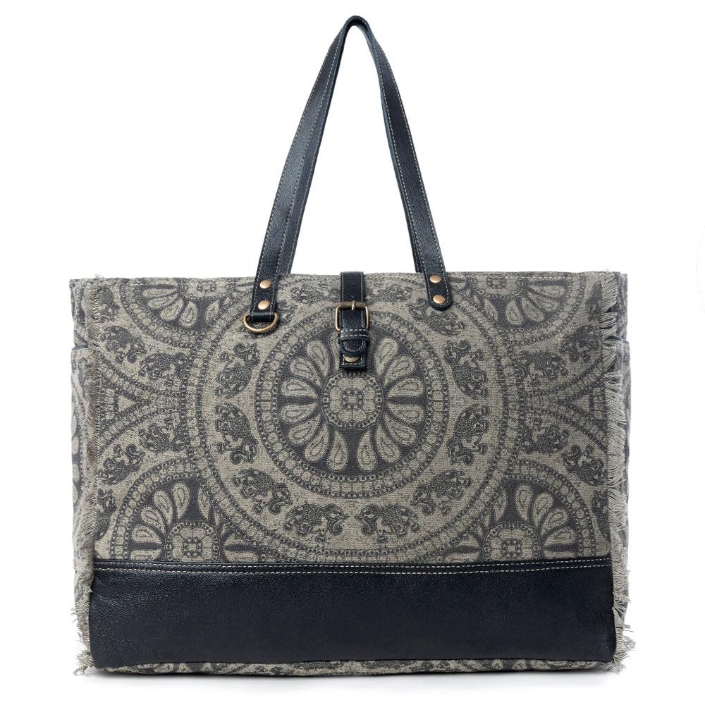 Myra Carmela Printed Canvas Weekender Bag â€“ Leather Handles with Buckle Strap, Spacious Travel Tote for Western Getaways