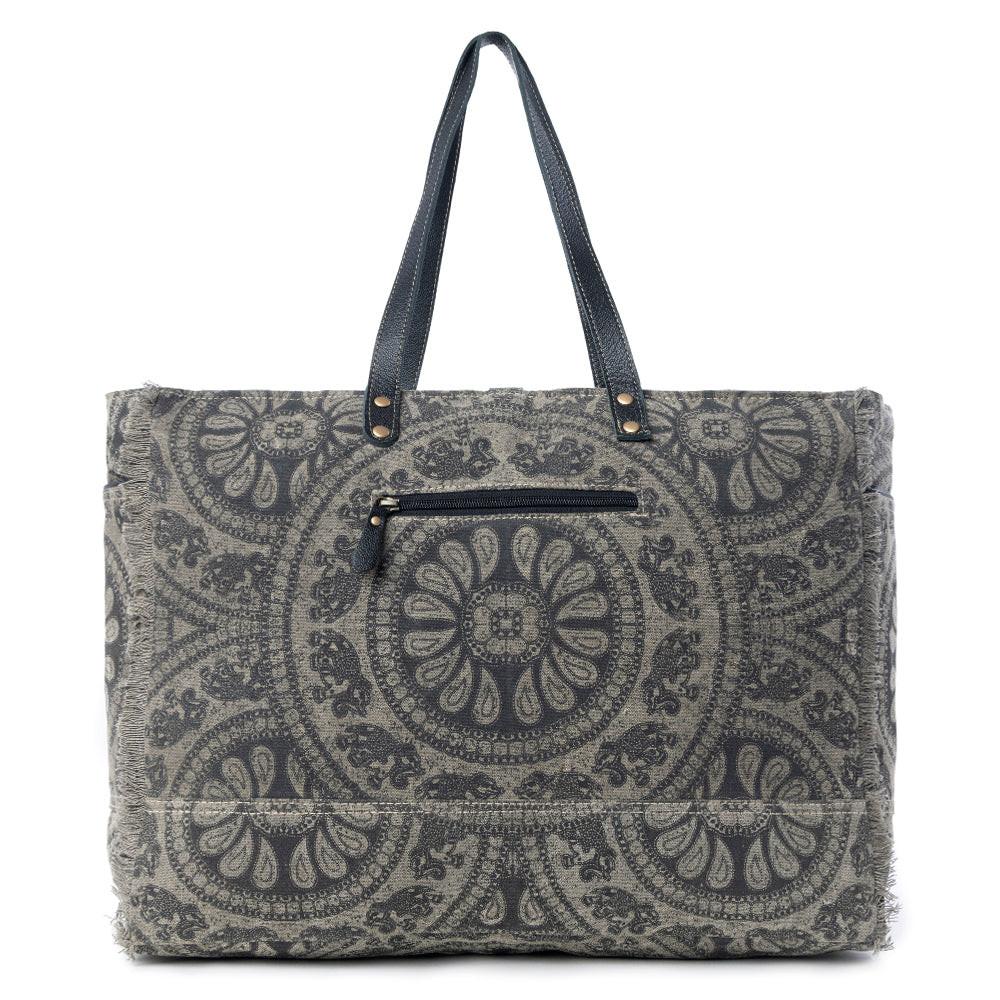 Myra Carmela Printed Canvas Weekender Bag â€“ Leather Handles with Buckle Strap, Spacious Travel Tote for Western Getaways