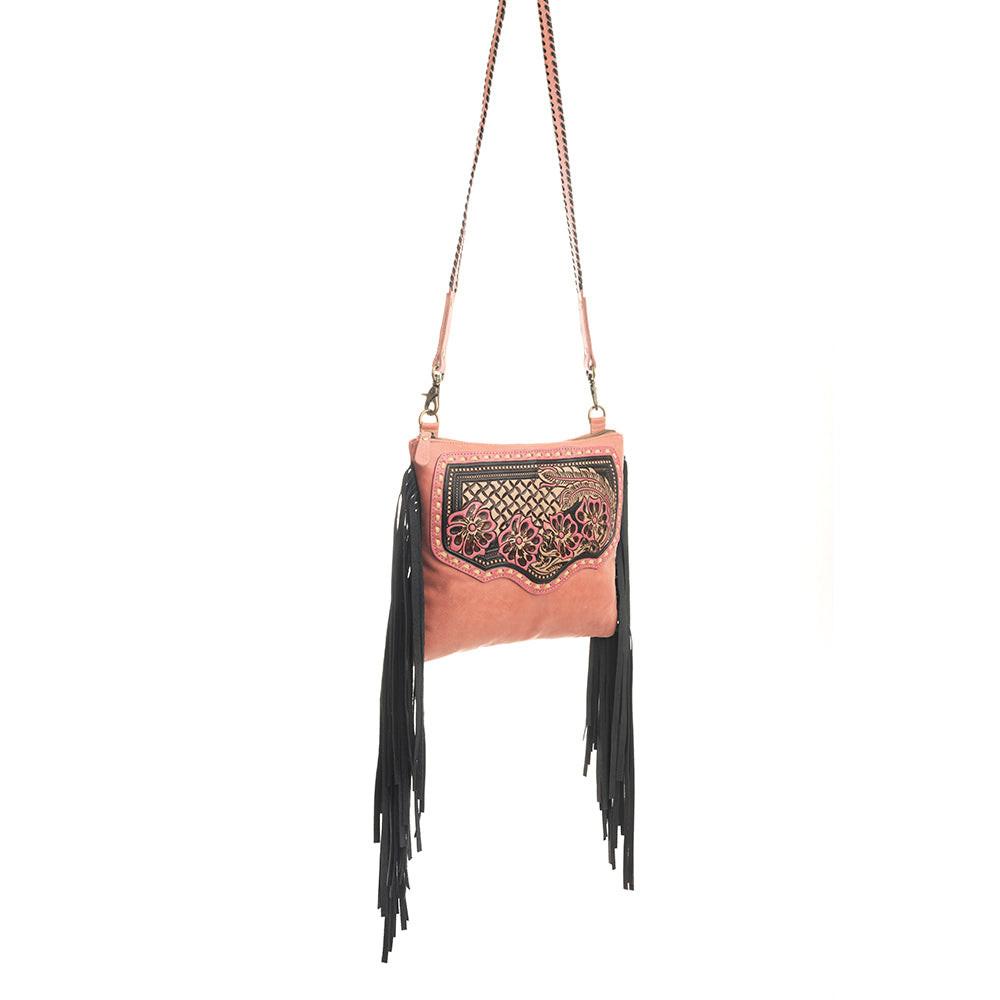 Millstone Fringed Hand-Tooled Bag in Pink