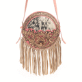 Myra Sanora Sunset Hairon Round Bag - Hand-Tooled Sling Bag with Floral Design and Fringe Detailing for Western Flair