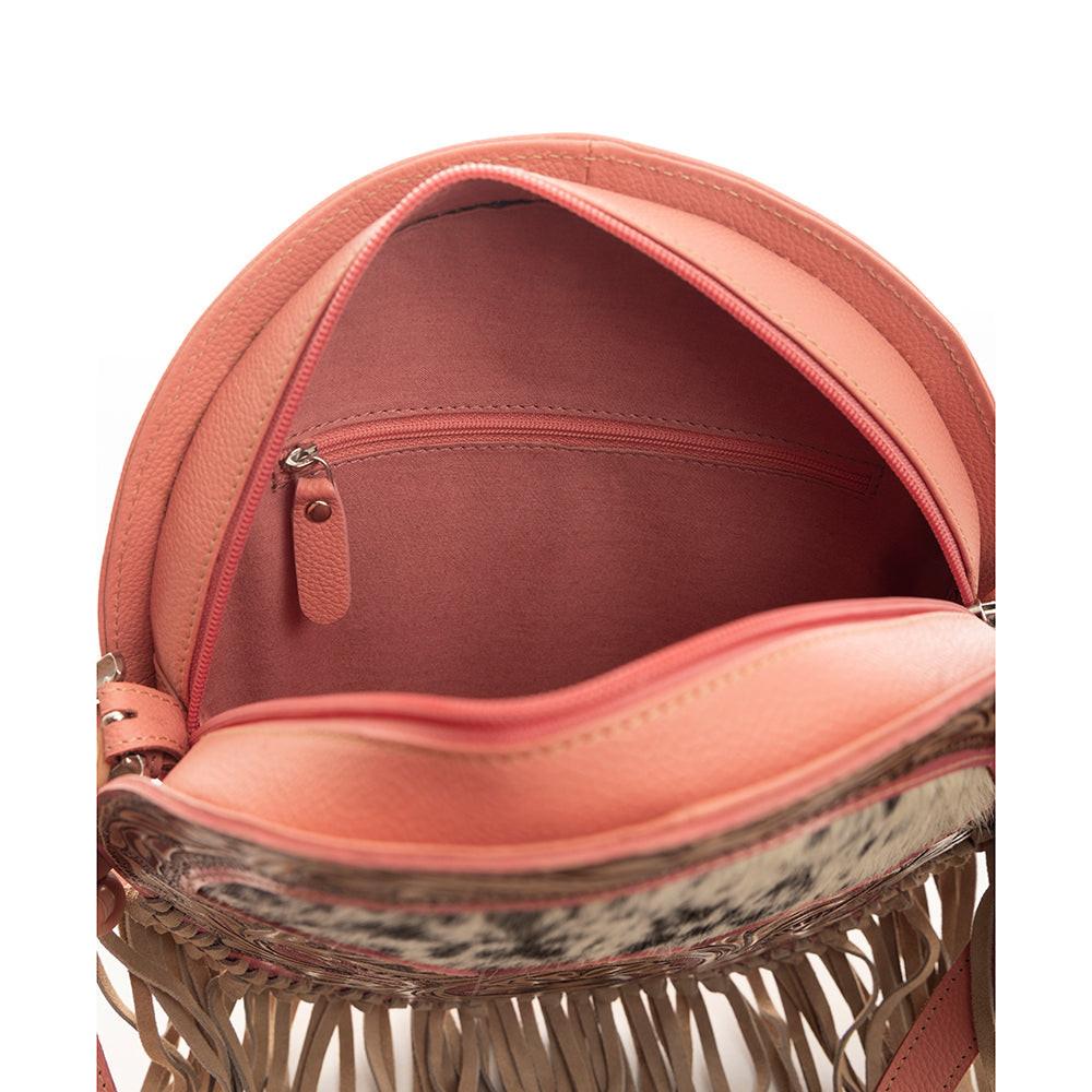 Myra Sanora Sunset Hairon Round Bag - Hand-Tooled Sling Bag with Floral Design and Fringe Detailing for Western Flair