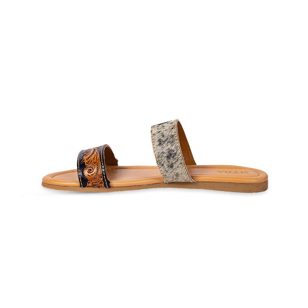 Myra Tambra Mesa Embossed Hairon Leather Slides for Women - Black Tooled Strap, Comfort Footbed for All-Day Style
