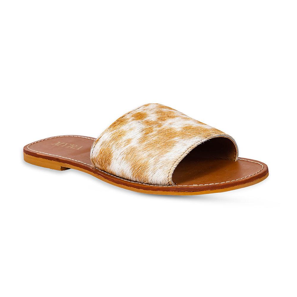 Myra Kemma Hairon Slide Sandals for Women â€“ Comfortable Flat Slides with Tan & White Speckle Print for Western Summer Outings
