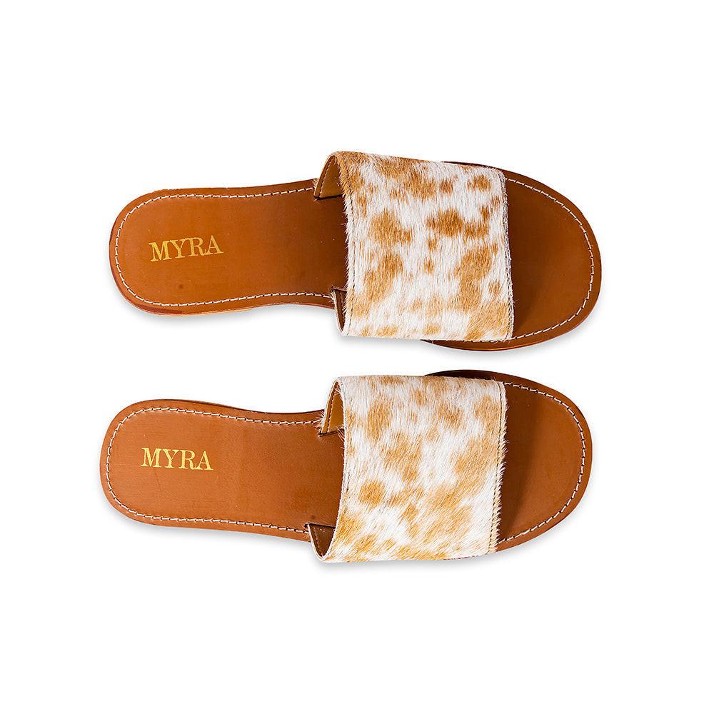 Myra Kemma Hairon Slide Sandals for Women â€“ Comfortable Flat Slides with Tan & White Speckle Print for Western Summer Outings