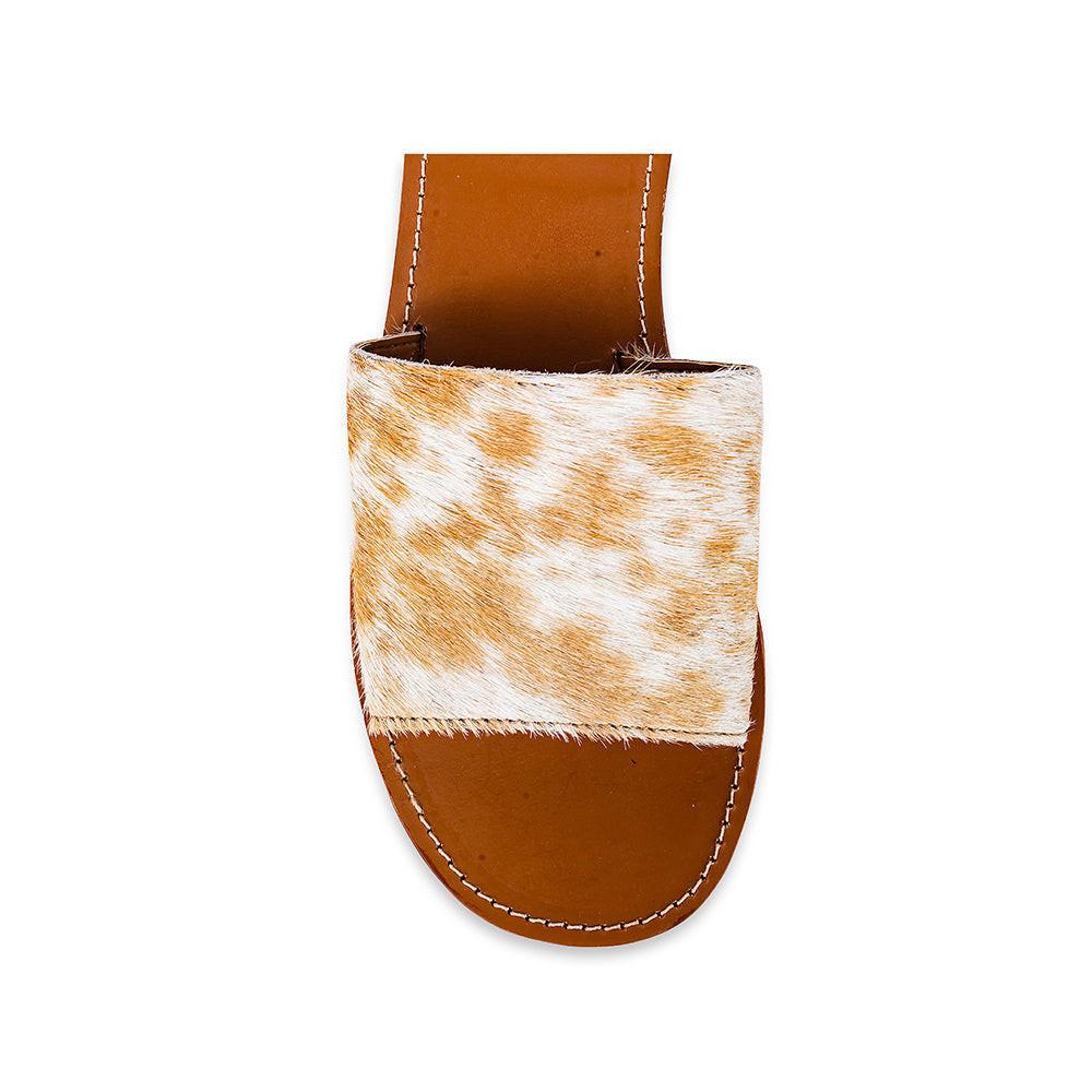 Myra Kemma Hairon Slide Sandals for Women â€“ Comfortable Flat Slides with Tan & White Speckle Print for Western Summer Outings