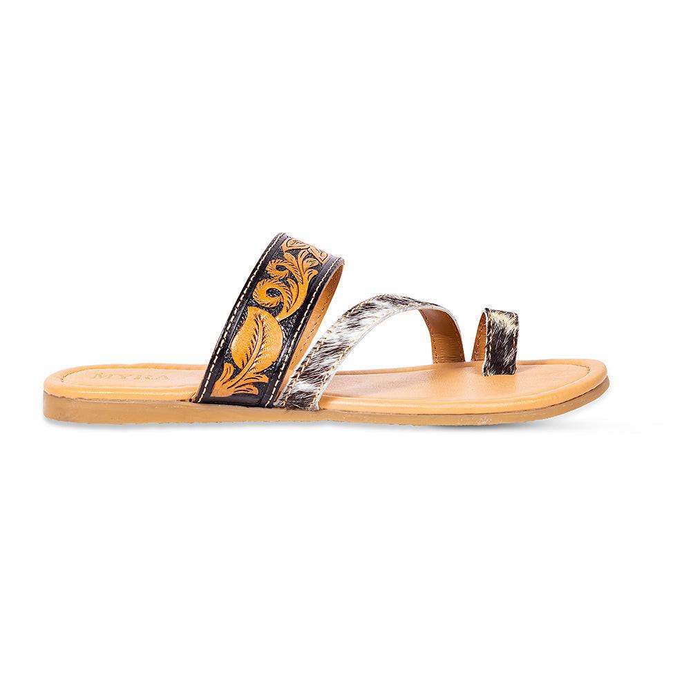 Myra Greta Lee Hair-On Leather Flip Flops for Women - Hand-Tooled Western Slippers with Flat Sole for Everyday Ease