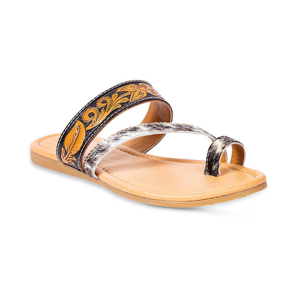Myra Greta Lee Hair-On Leather Flip Flops for Women - Hand-Tooled Western Slippers with Flat Sole for Everyday Ease