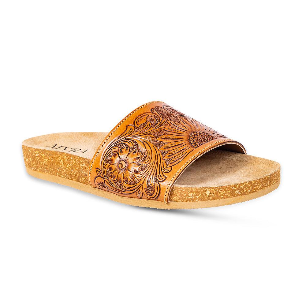 Myra Dottie Handtooled Leather Slide Sandals for Women â€“ Floral Western Tooling with Cork Sole for Casual Comfort