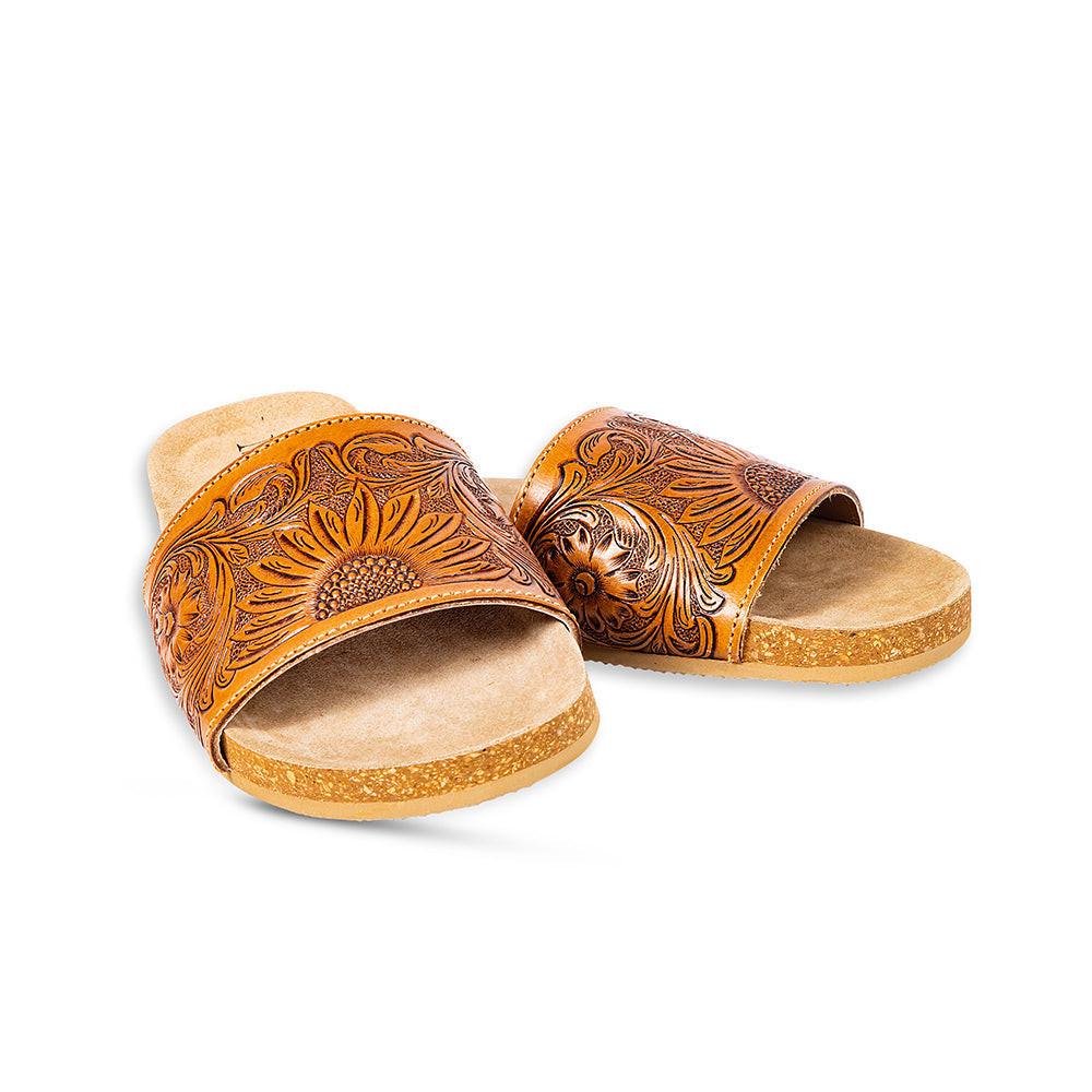 Myra Dottie Handtooled Leather Slide Sandals for Women â€“ Floral Western Tooling with Cork Sole for Casual Comfort