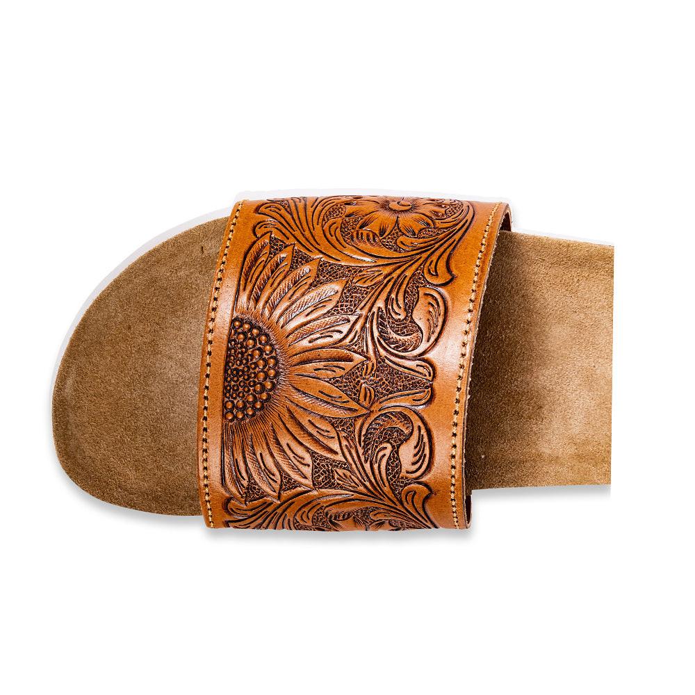 Myra Dottie Handtooled Leather Slide Sandals for Women â€“ Floral Western Tooling with Cork Sole for Casual Comfort