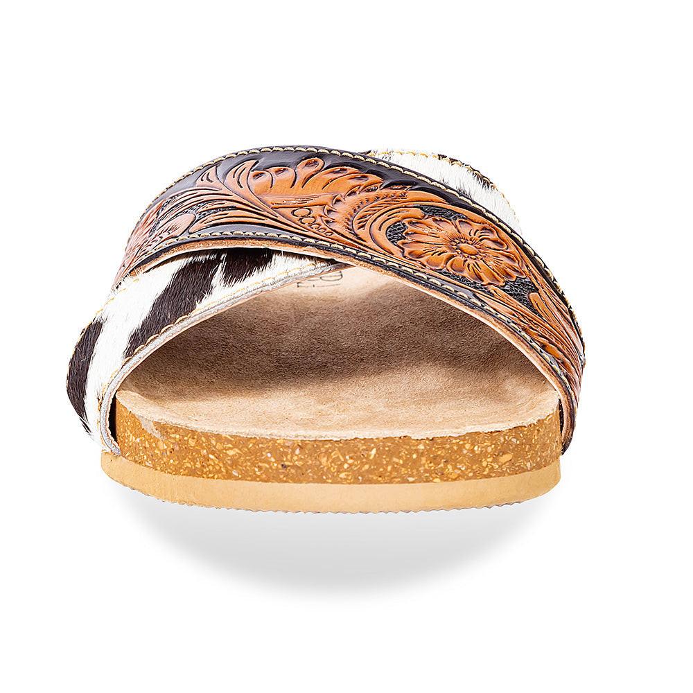 Myra Nevada Handtooled Leather Flats for Women - Double-Strap Sandals with Cushioned Cork Sole for Rodeo Chic Comfort