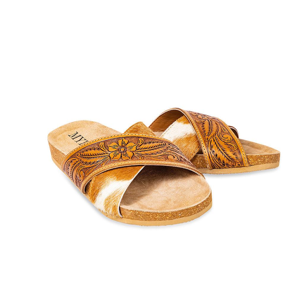 Myra Prairie Handtooled Leather Slide Sandals for Women â€“ Floral Western Design, Soft Cork Footbed for Comfort
