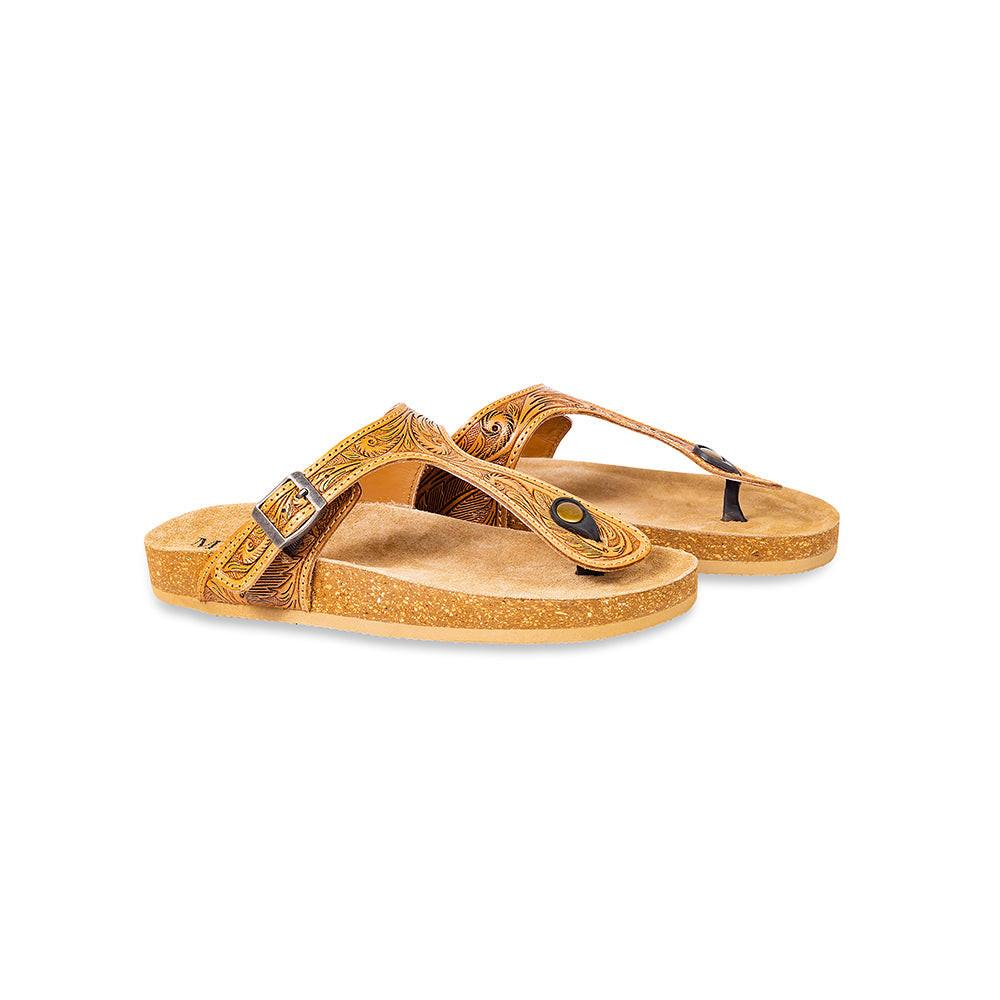 Myra Sadie Mesa Leather Slides for Women - Cushioned Cork Sole, Floral Tooled Finish for Everyday Elegance