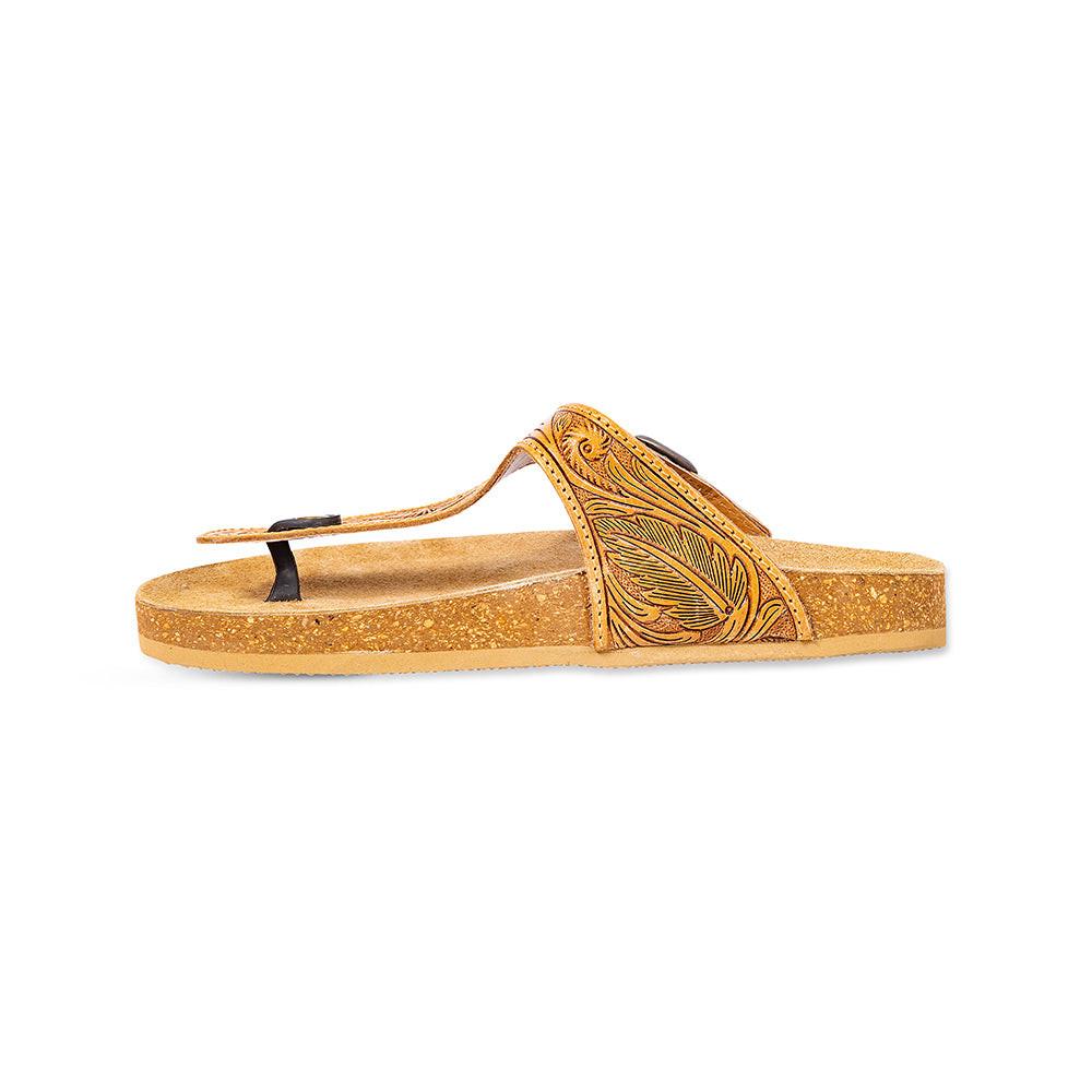 Myra Sadie Mesa Leather Slides for Women - Cushioned Cork Sole, Floral Tooled Finish for Everyday Elegance