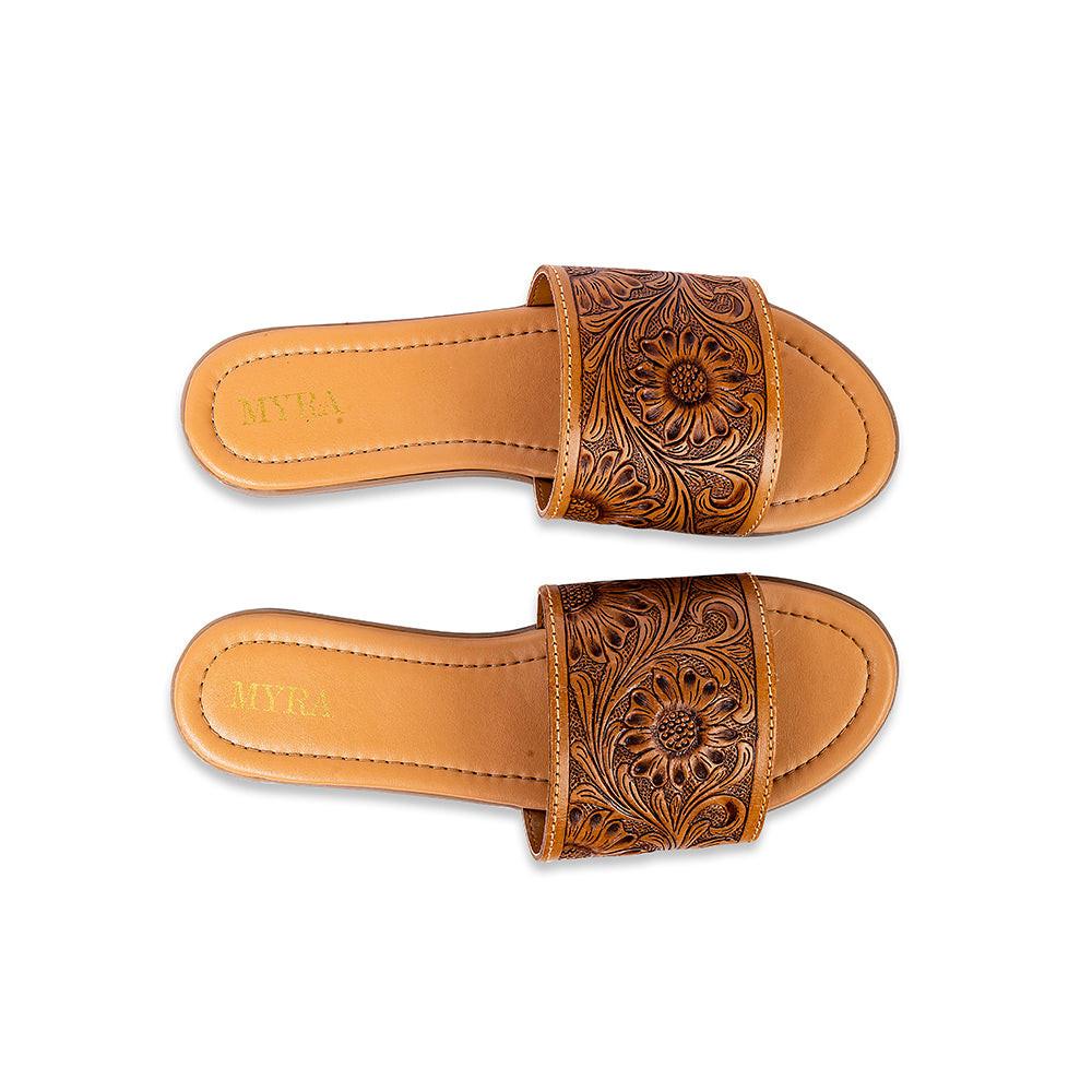 Myra Xena Leather Sandals for Women - Handtooled Floral Pattern Slip-on Sandals for Everyday Bohemian Comfort