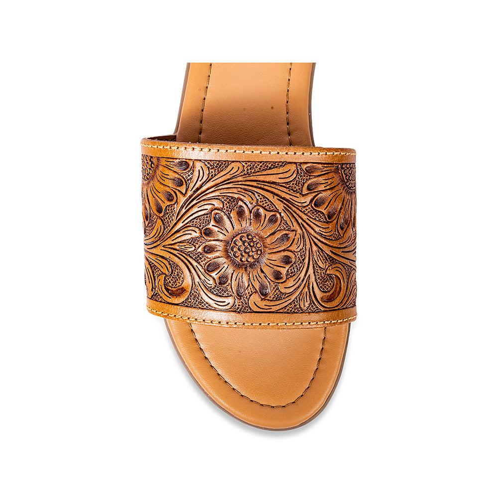 Myra Xena Leather Sandals for Women - Handtooled Floral Pattern Slip-on Sandals for Everyday Bohemian Comfort