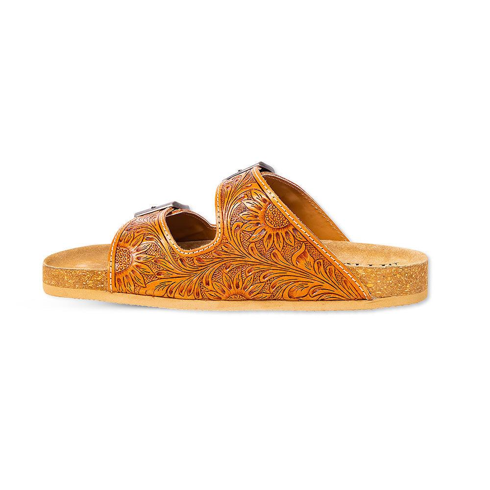 Myra Molly Megan Handtooled Leather Sandals - Easy Slip-on Dual Buckle Leather Flats for Women