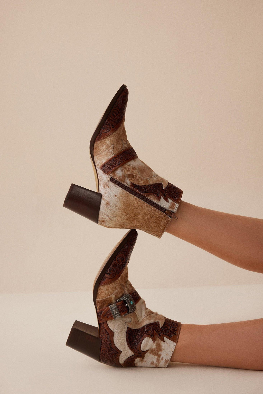 Myra Goldie Hairon Leather Boots for Women - Ankle Boots with Handtooled Leather Accents & Block Heels for Carnival Fun
