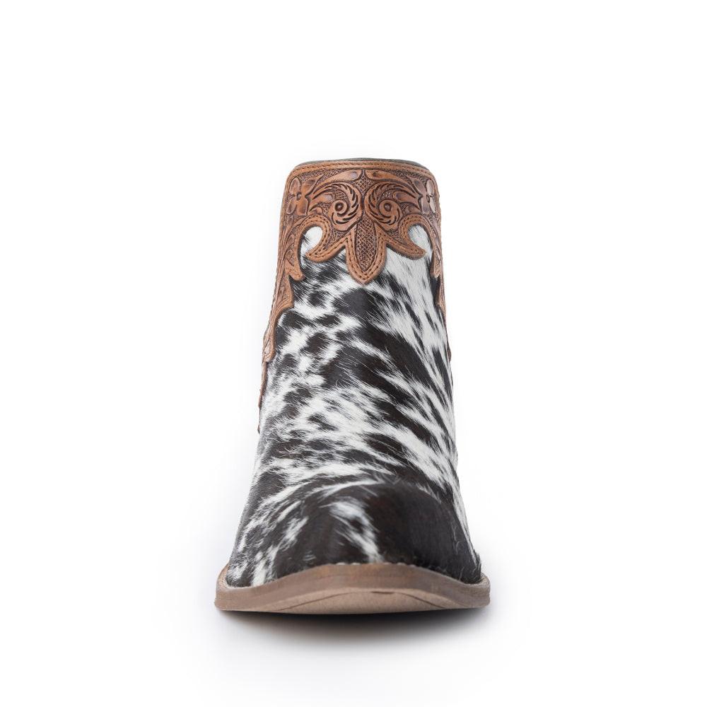 Myra Cassidy Trail Split-Top Leather Boots - Pointed Toe, Low Block Hairon Hide Heels for Ranch Adventures