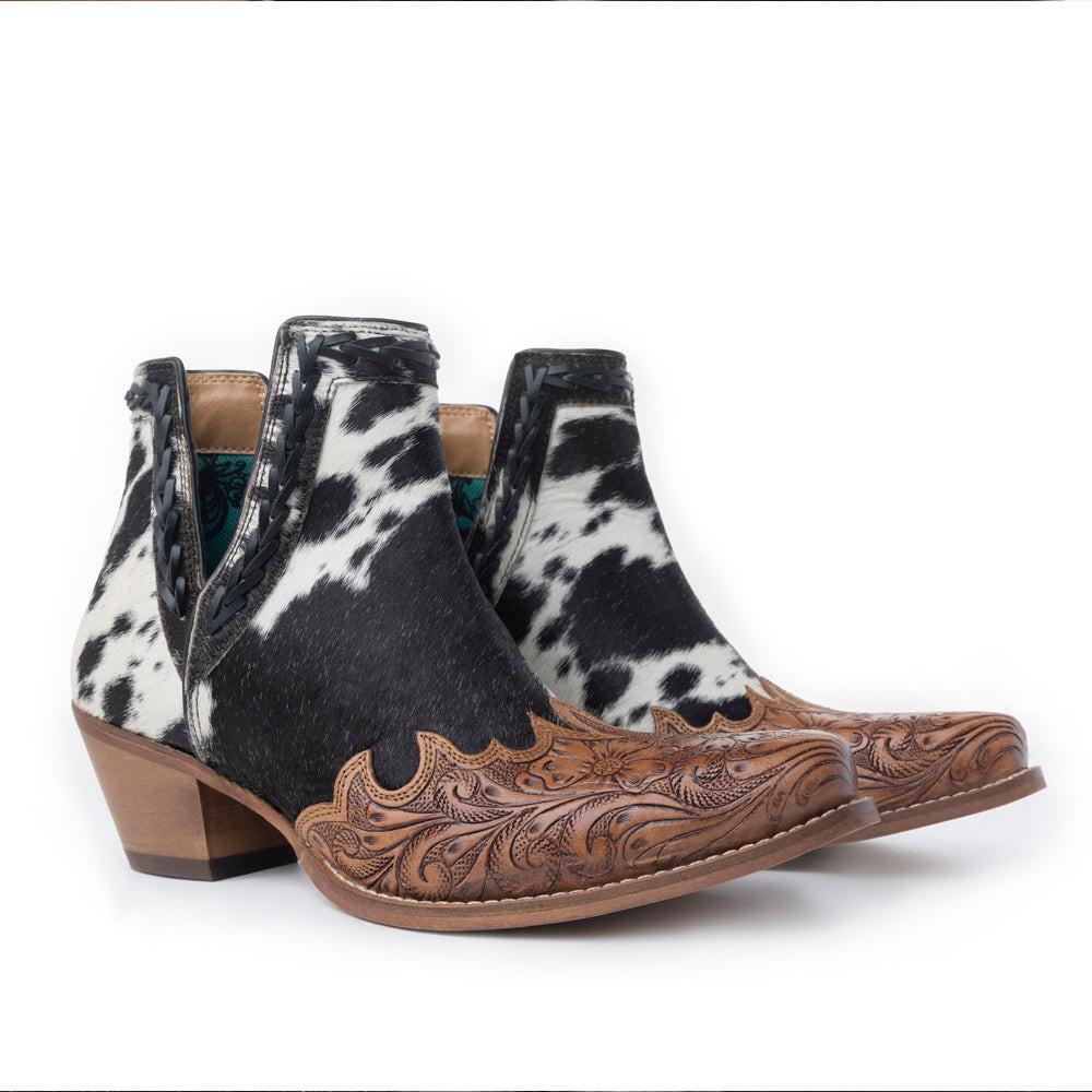 Myra Georgina Hairon Boots for Women - Spilt-Top Handtooled Pointed Toe Cowgirl Boots for Rustic Rodeo Glam