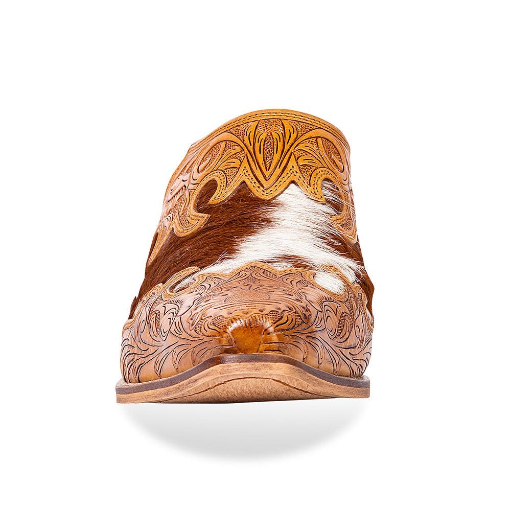 Myra Lacey Leather Mules for Women - Handtooled Leather Mid Top with Hairon Accents for Everyday Rodeo Elegance