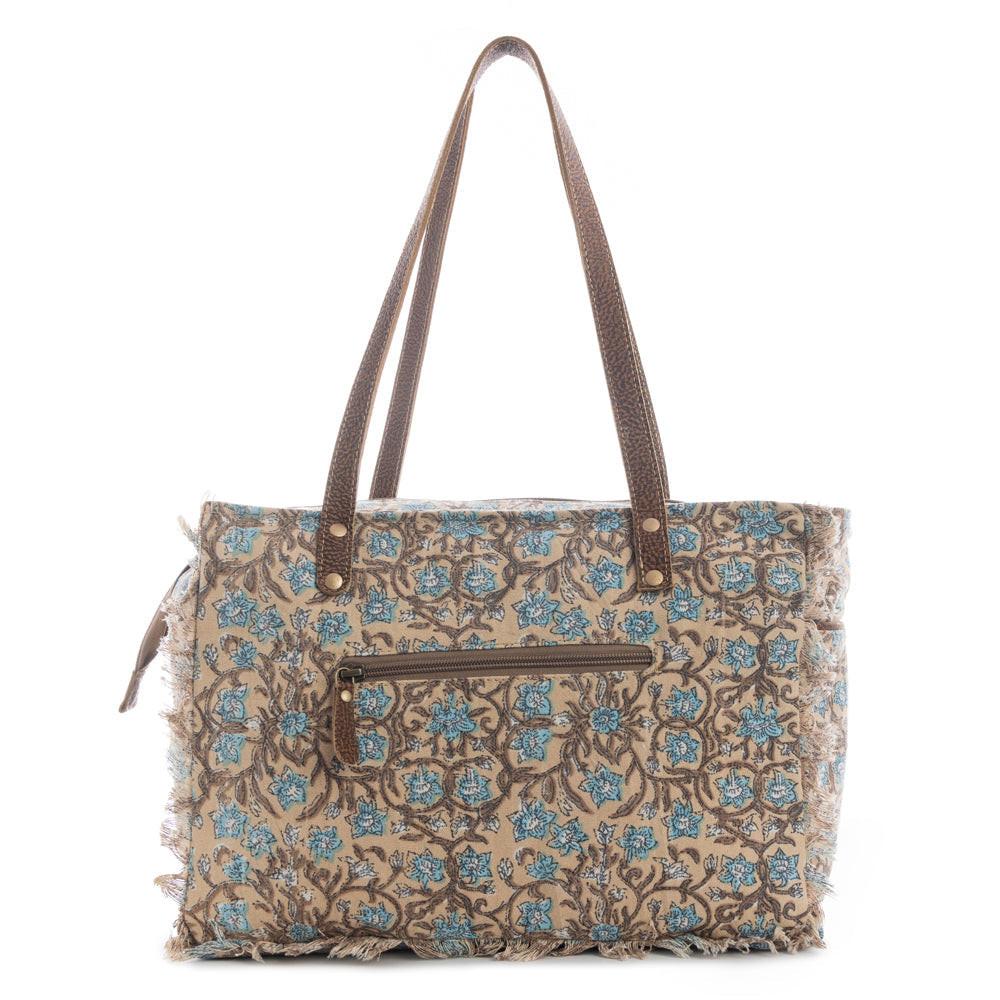 Myra San Ysidro Falls Floral Weekender Bag for Women â€“ Distressed Fabric, Leather Handles & Rustic Fringe Details