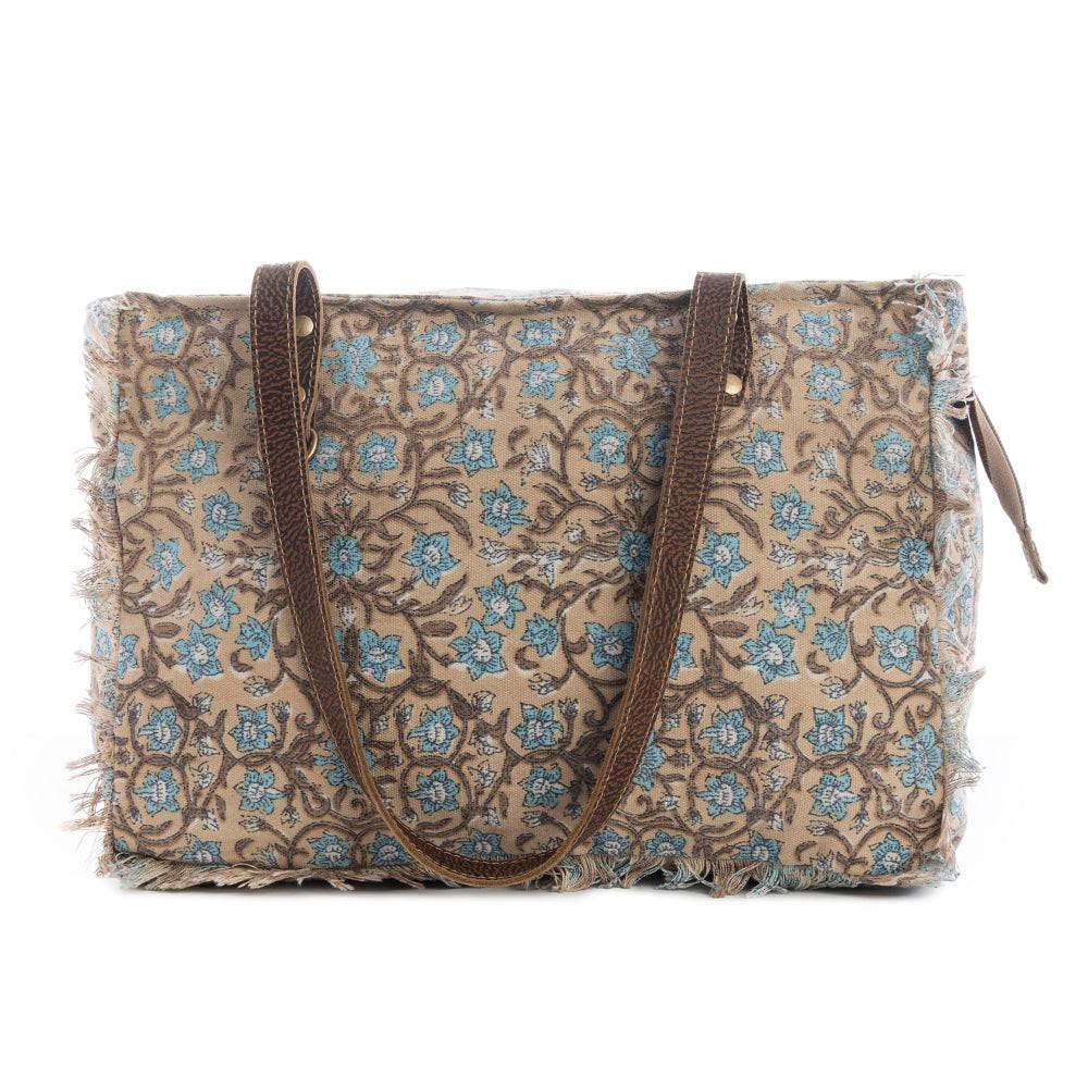 Myra San Ysidro Falls Floral Weekender Bag for Women â€“ Distressed Fabric, Leather Handles & Rustic Fringe Details
