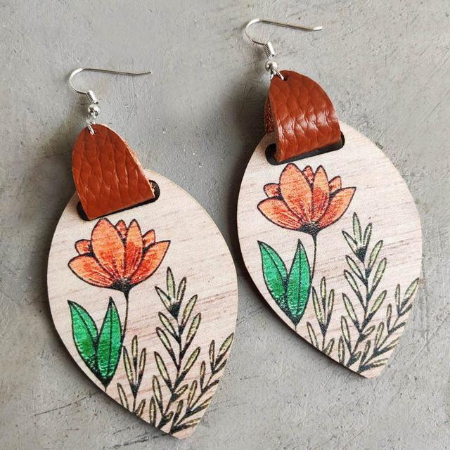 Beautiful Wood and Leather with Painted Peach Flower Drop Earrings